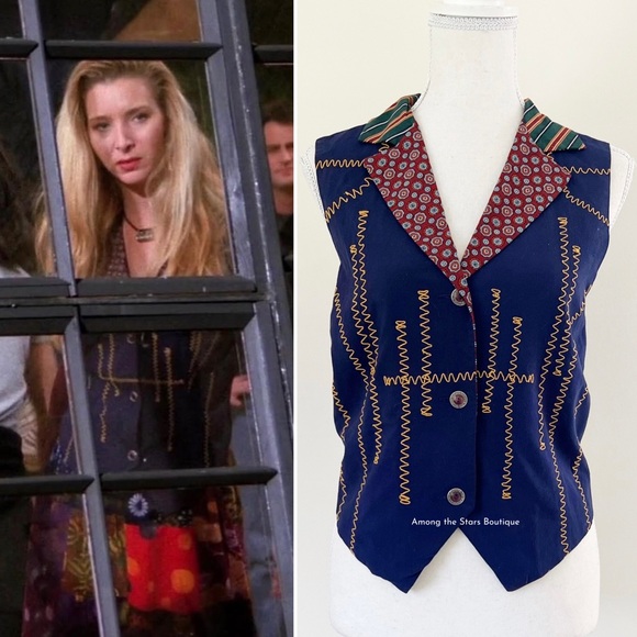Extremely Rare 90s Vintage Mixed Print Navy Vest ASO Phoebe Buffay in Friends - Picture 5 of 13